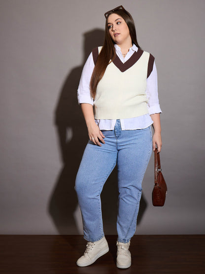 Curve White & Brown Solid V-Neck Sweater Vest