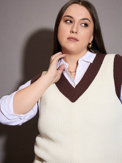 Curve White & Brown Solid V-Neck Sweater Vest