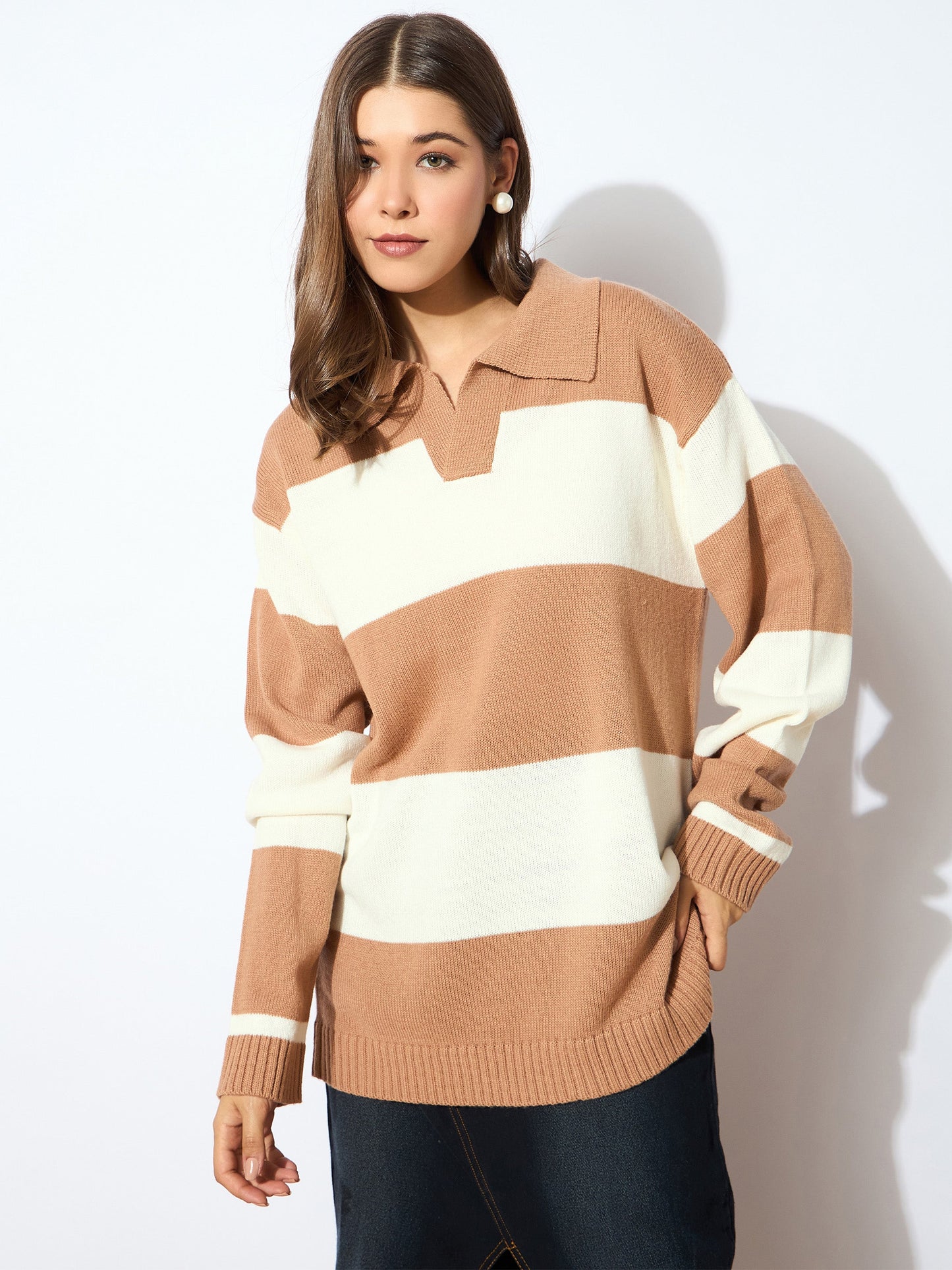 Beige And White Polo Neck Sweater