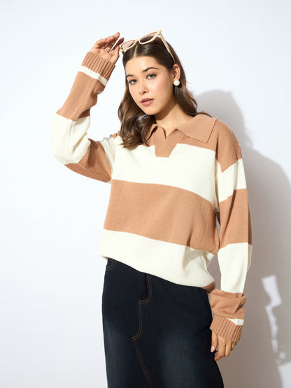 Beige And White Polo Neck Sweater