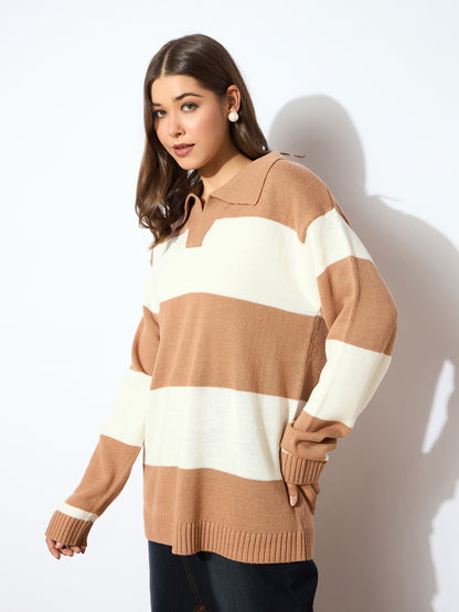 Beige And White Polo Neck Sweater