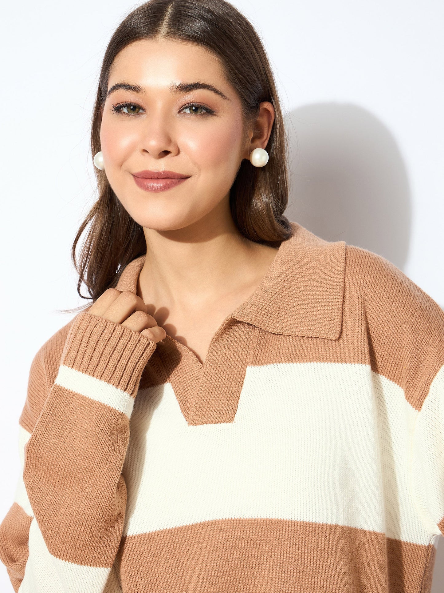 Beige And White Polo Neck Sweater