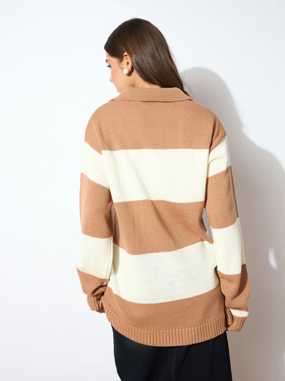 Beige And White Polo Neck Sweater