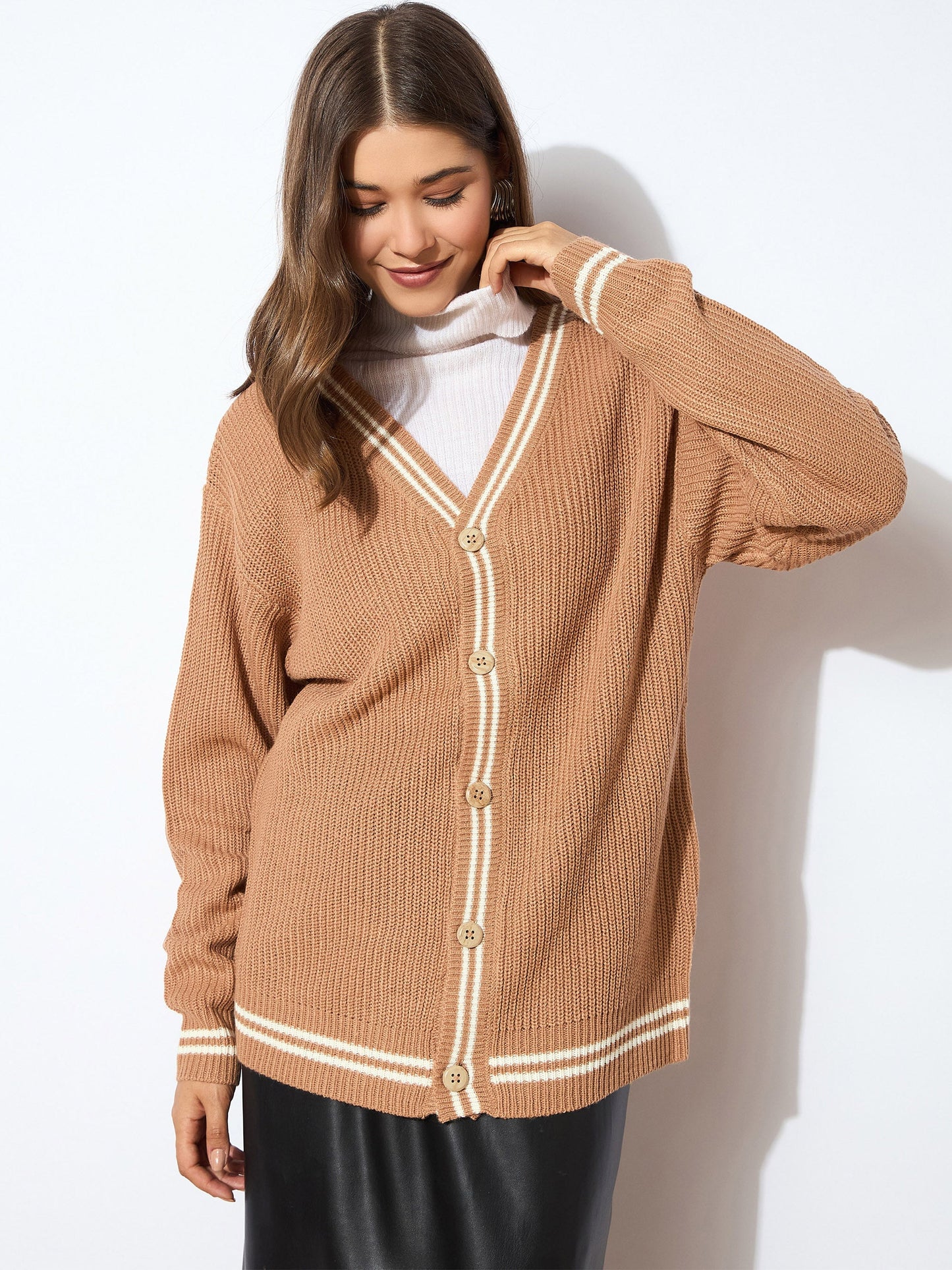 Beige Front Button Oversized Cardigan
