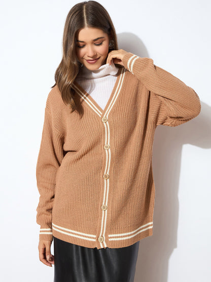 Beige Front Button Oversized Cardigan