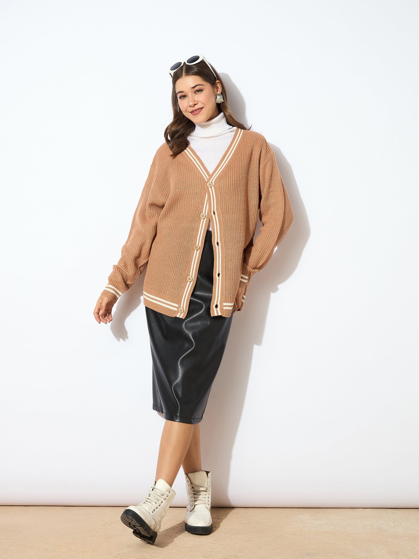 Beige Front Button Oversized Cardigan
