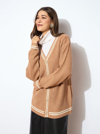 Beige Front Button Oversized Cardigan
