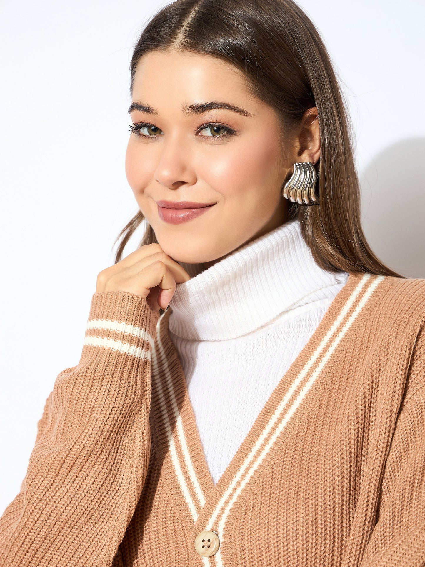 Beige Front Button Oversized Cardigan