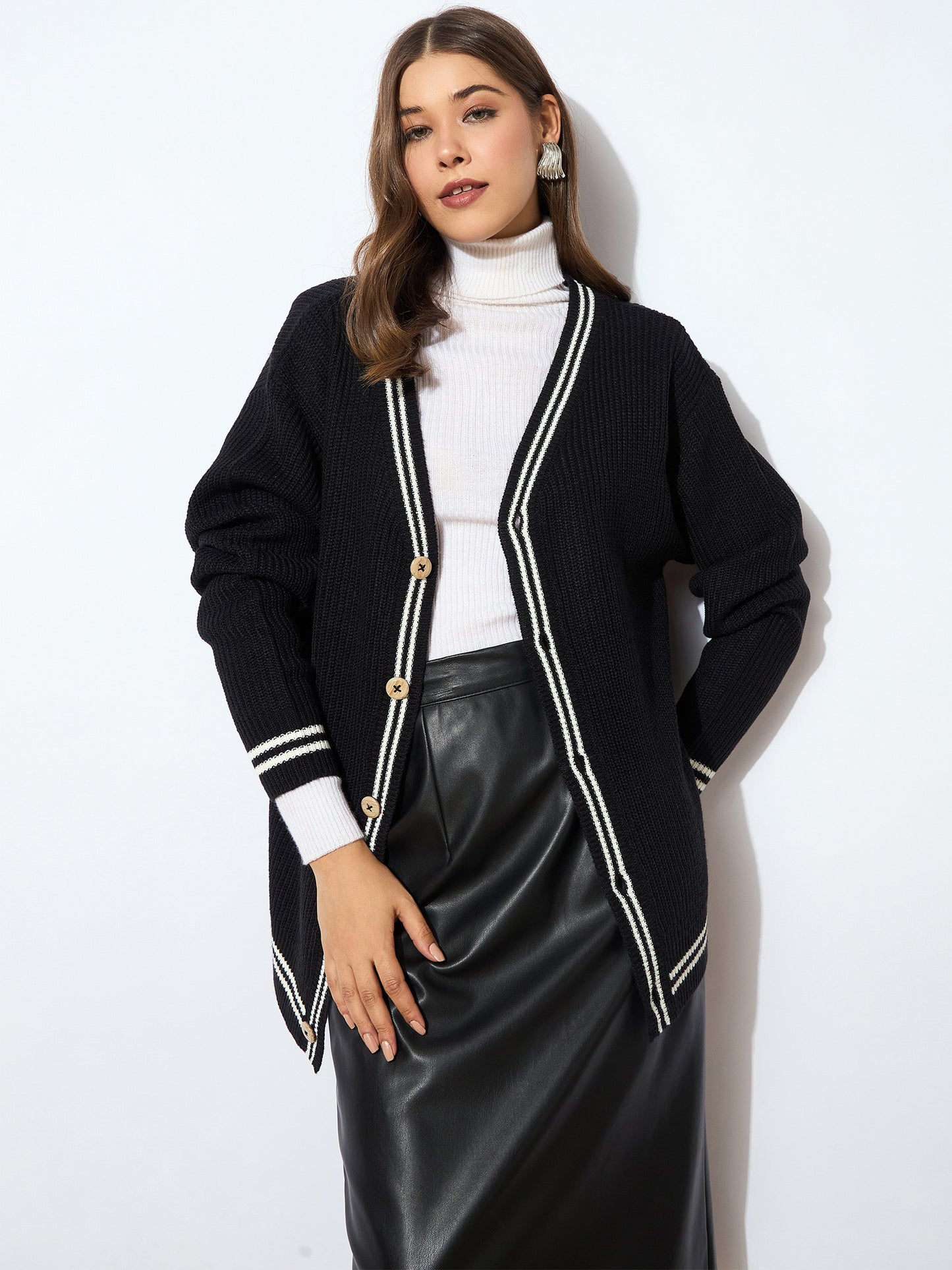 Black Front Button Oversized Cardigan