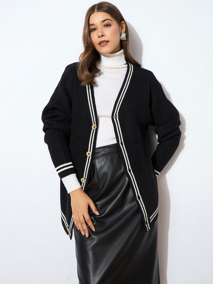 Black Front Button Oversized Cardigan
