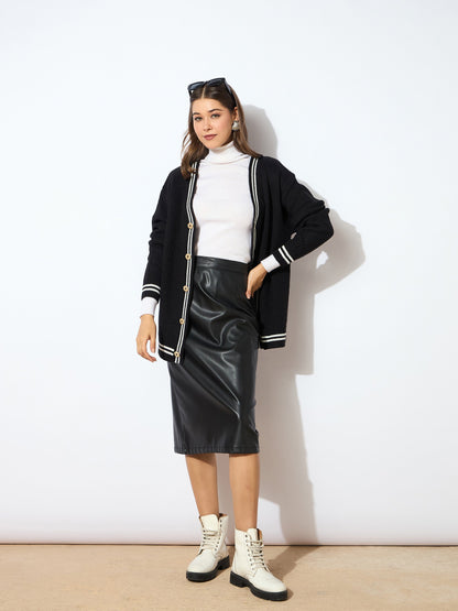 Black Front Button Oversized Cardigan