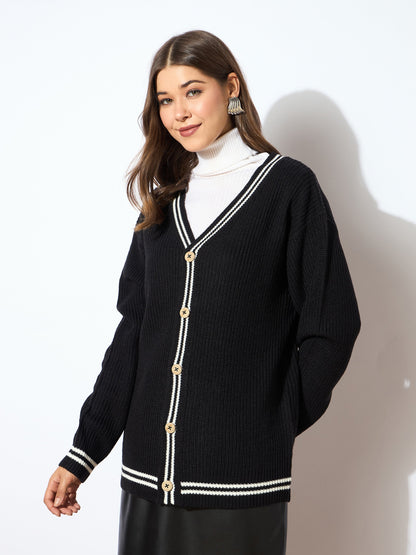 Black Front Button Oversized Cardigan