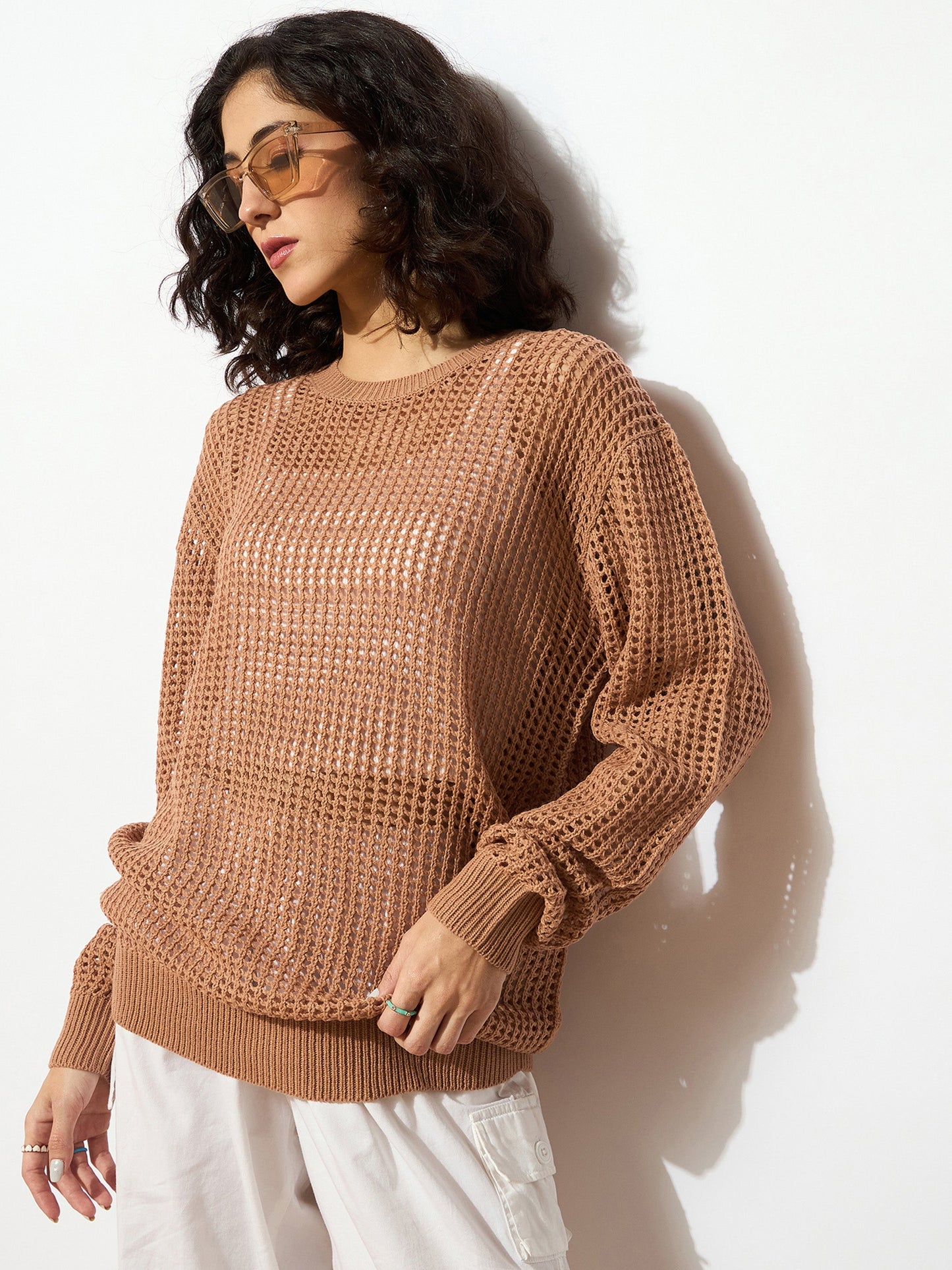 Beige Oversized Crochet Sweater