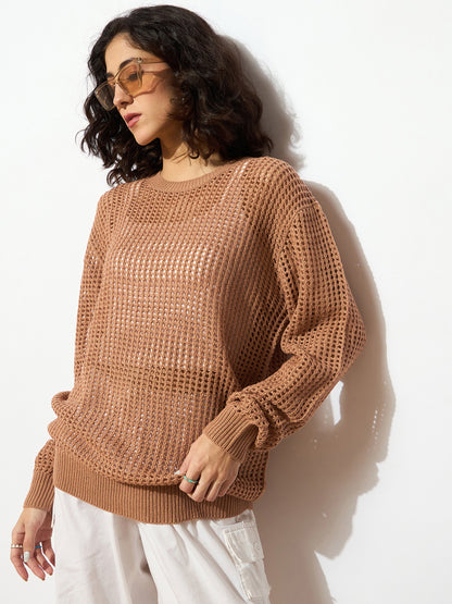 Beige Oversized Crochet Sweater