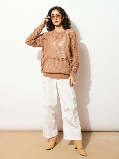 Beige Oversized Crochet Sweater