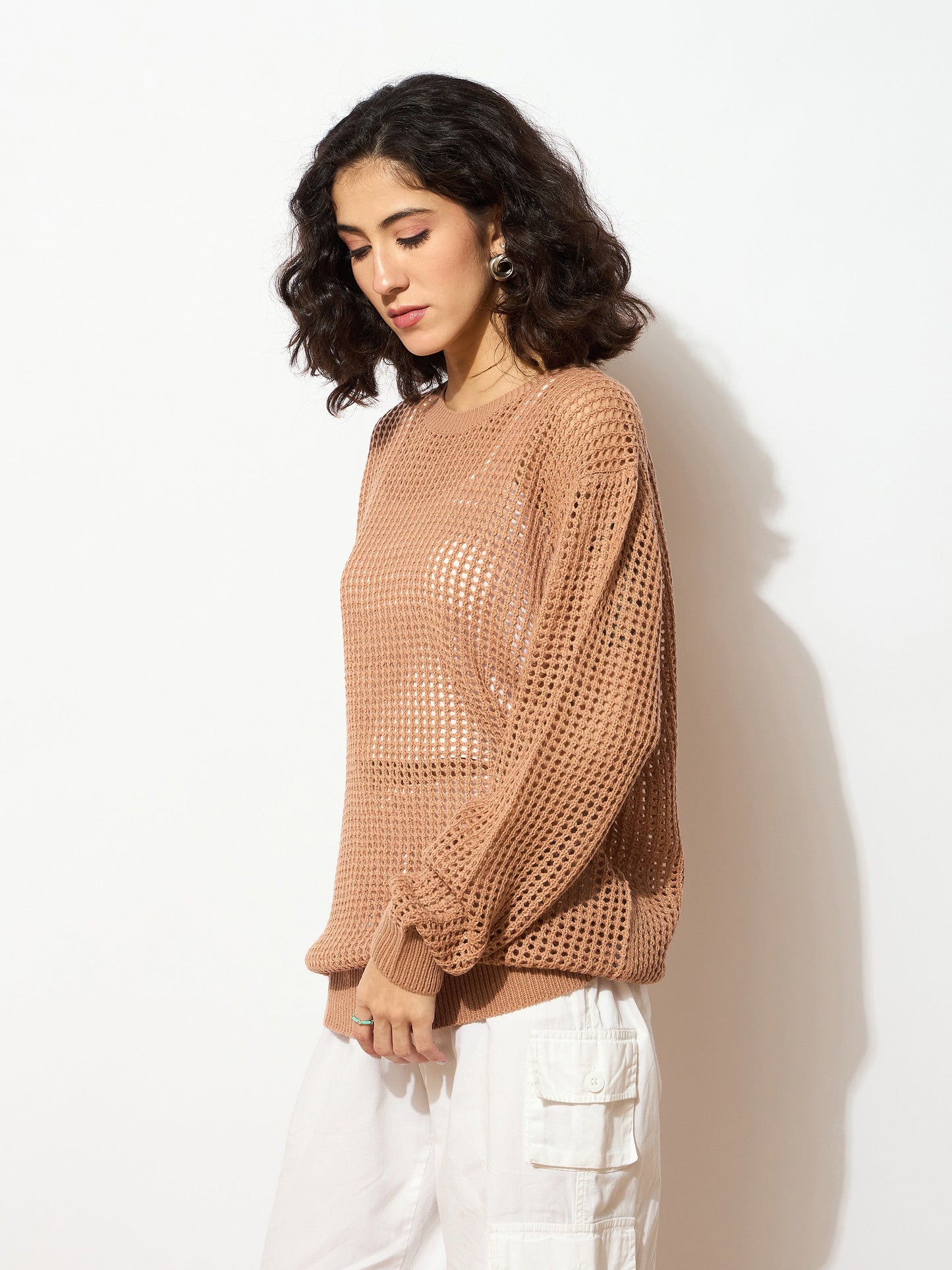 Beige Oversized Crochet Sweater
