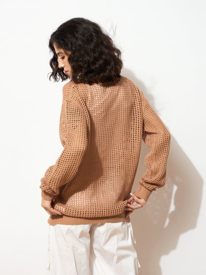 Beige Oversized Crochet Sweater