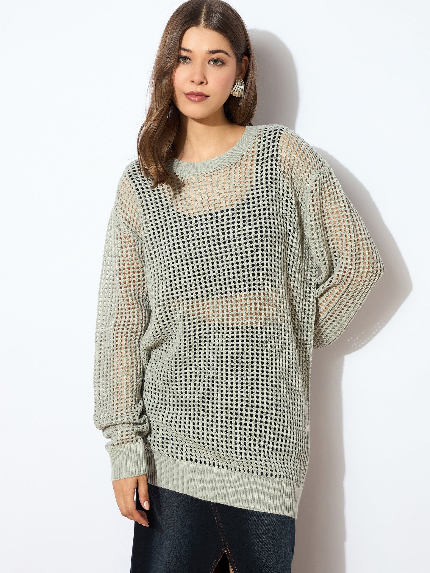 Grey Oversized Crochet Sweater