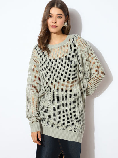 Grey Oversized Crochet Sweater