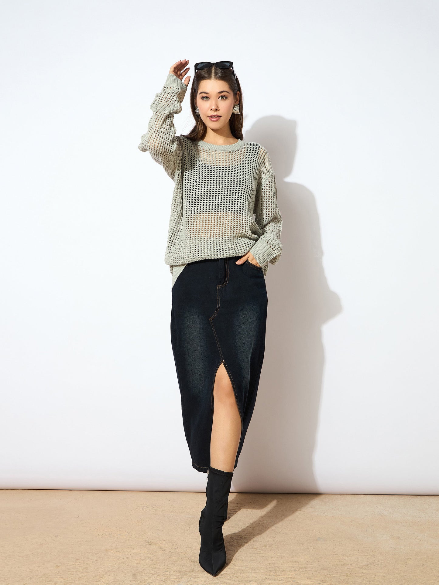 Grey Oversized Crochet Sweater