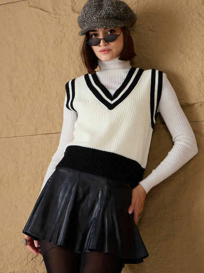 Women's Women Black & White Striped V-Neck Sweater Vest in Acrylic by Sassafras for wholesale, bulk, supplier, manufacturer and wholesaler buyers from Trendphoria