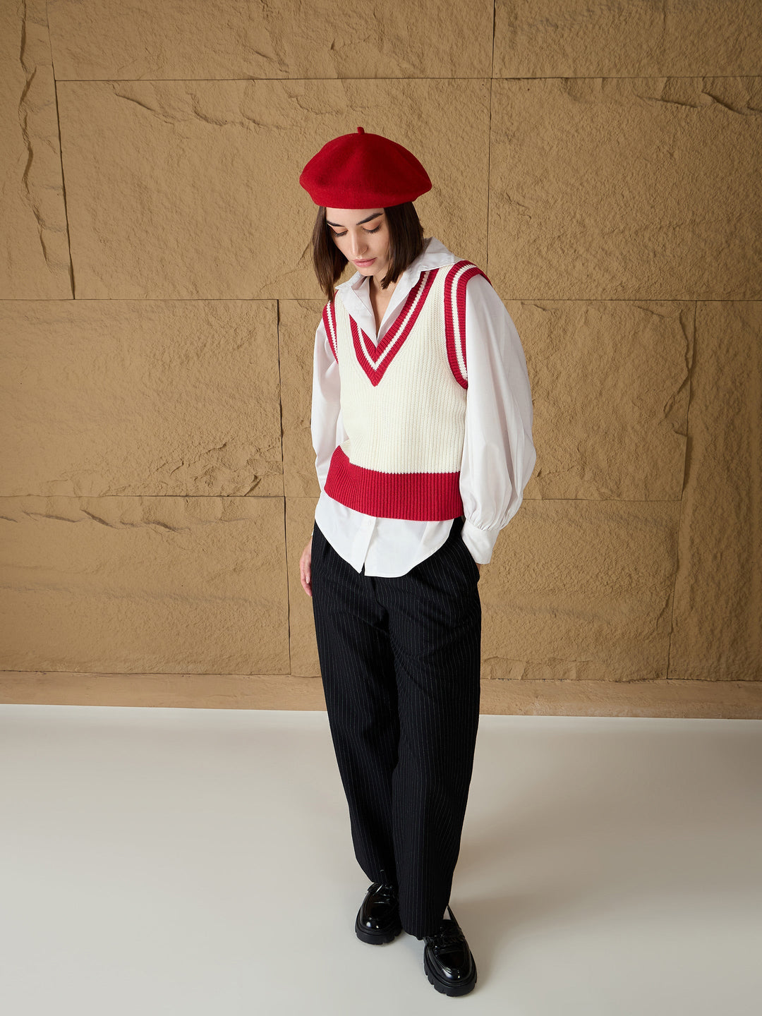 Women Red &amp; White Striped V-Neck Sweater Vest