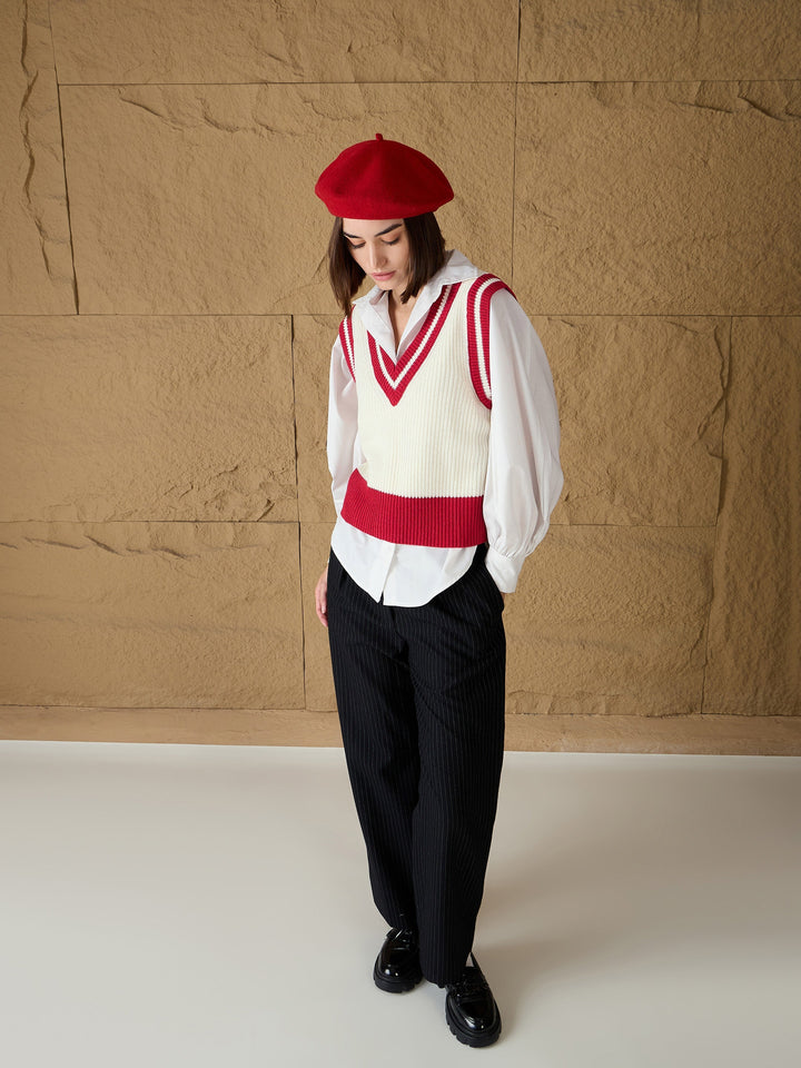 Women Red &amp; White Striped V-Neck Sweater Vest