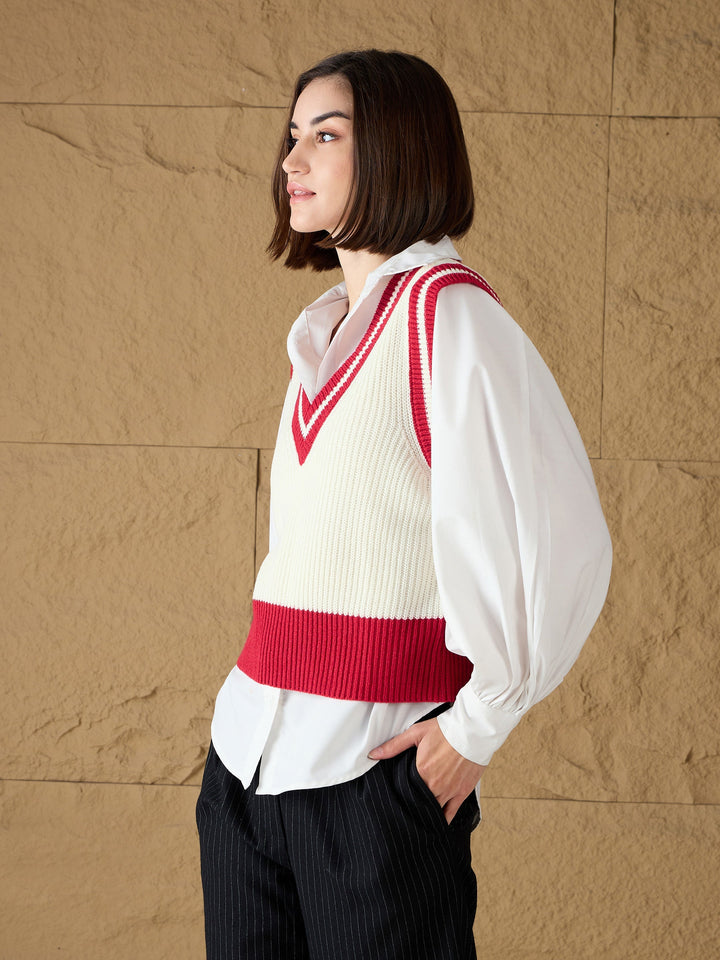 Women Red &amp; White Striped V-Neck Sweater Vest