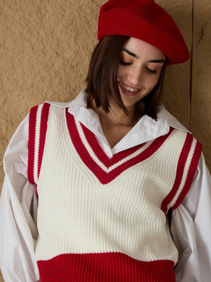 Women Red & White Striped V-Neck Sweater Vest