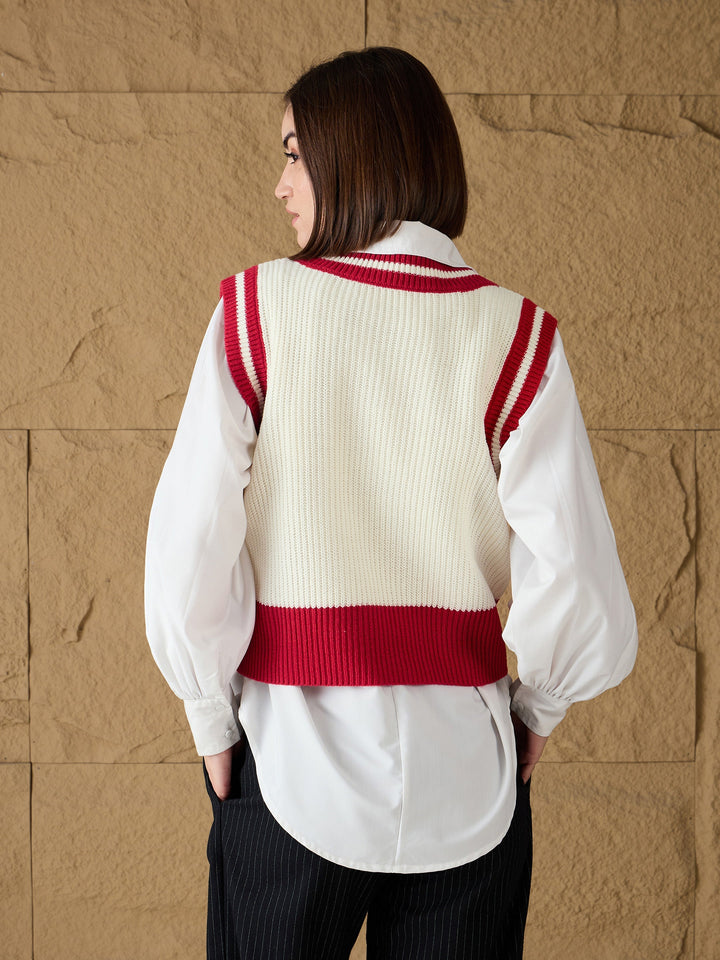 Women Red &amp; White Striped V-Neck Sweater Vest