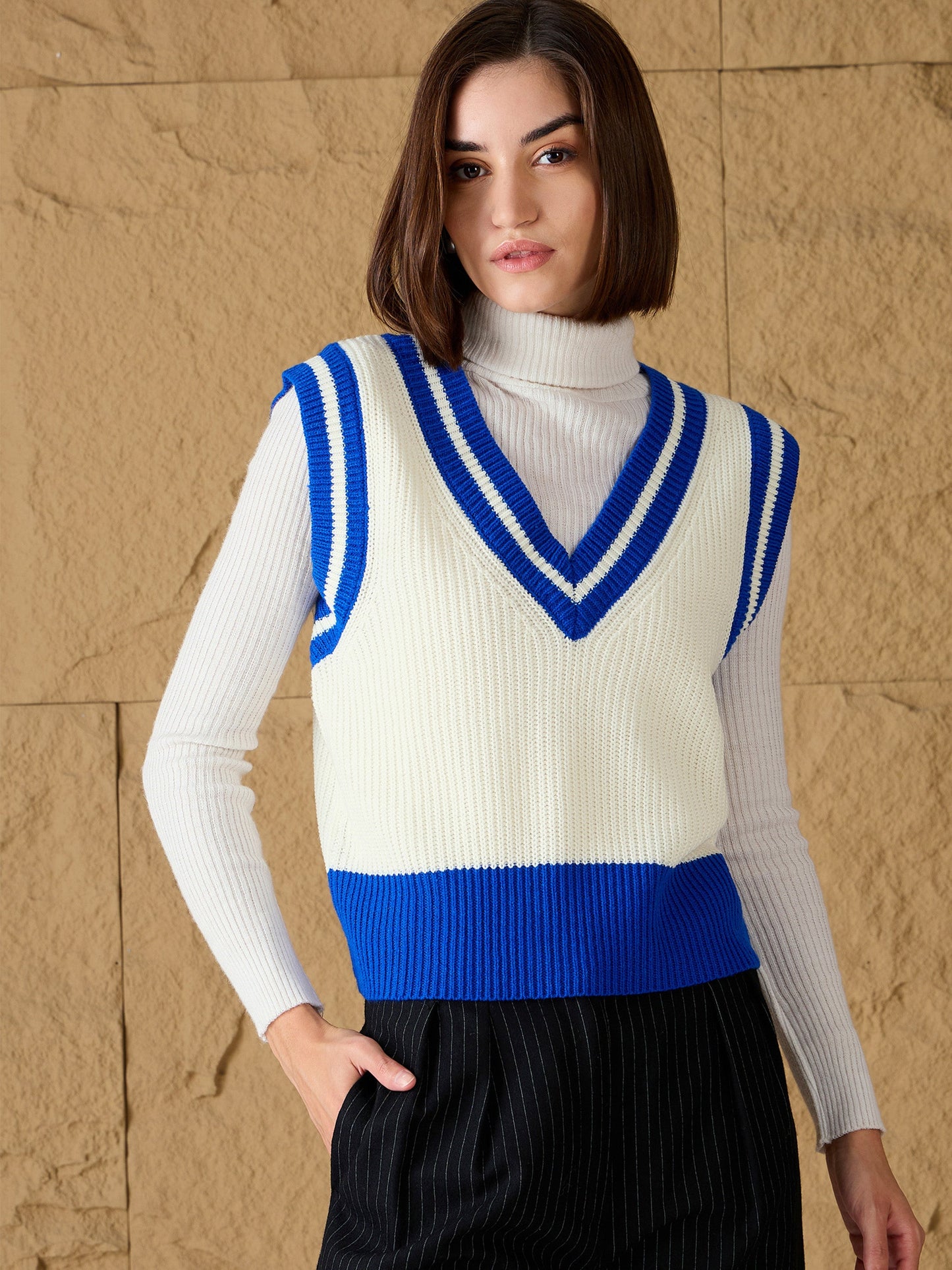 Royal Blue & White Striped V-Neck Sweater Vest