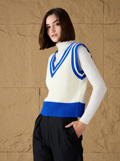 Royal Blue & White Striped V-Neck Sweater Vest