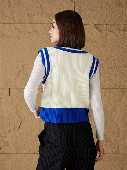 Royal Blue & White Striped V-Neck Sweater Vest