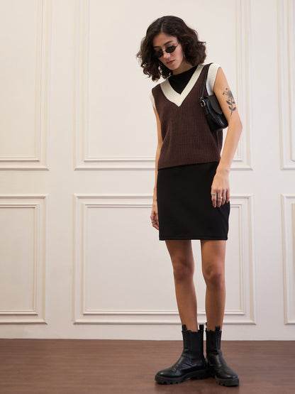 Brown & White Solid V-Neck Sweater Vest