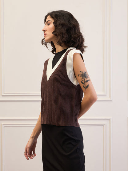 Brown & White Solid V-Neck Sweater Vest