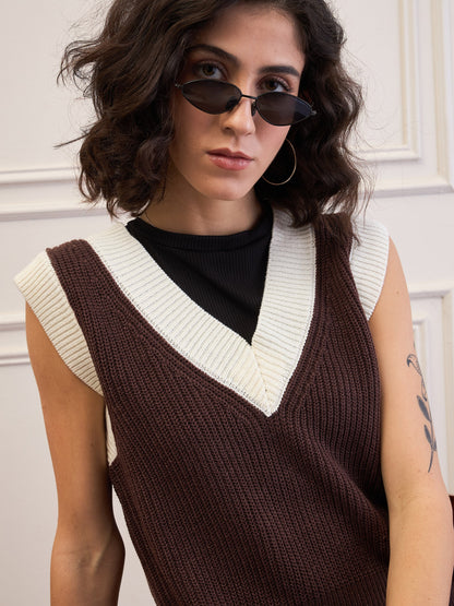 Brown & White Solid V-Neck Sweater Vest