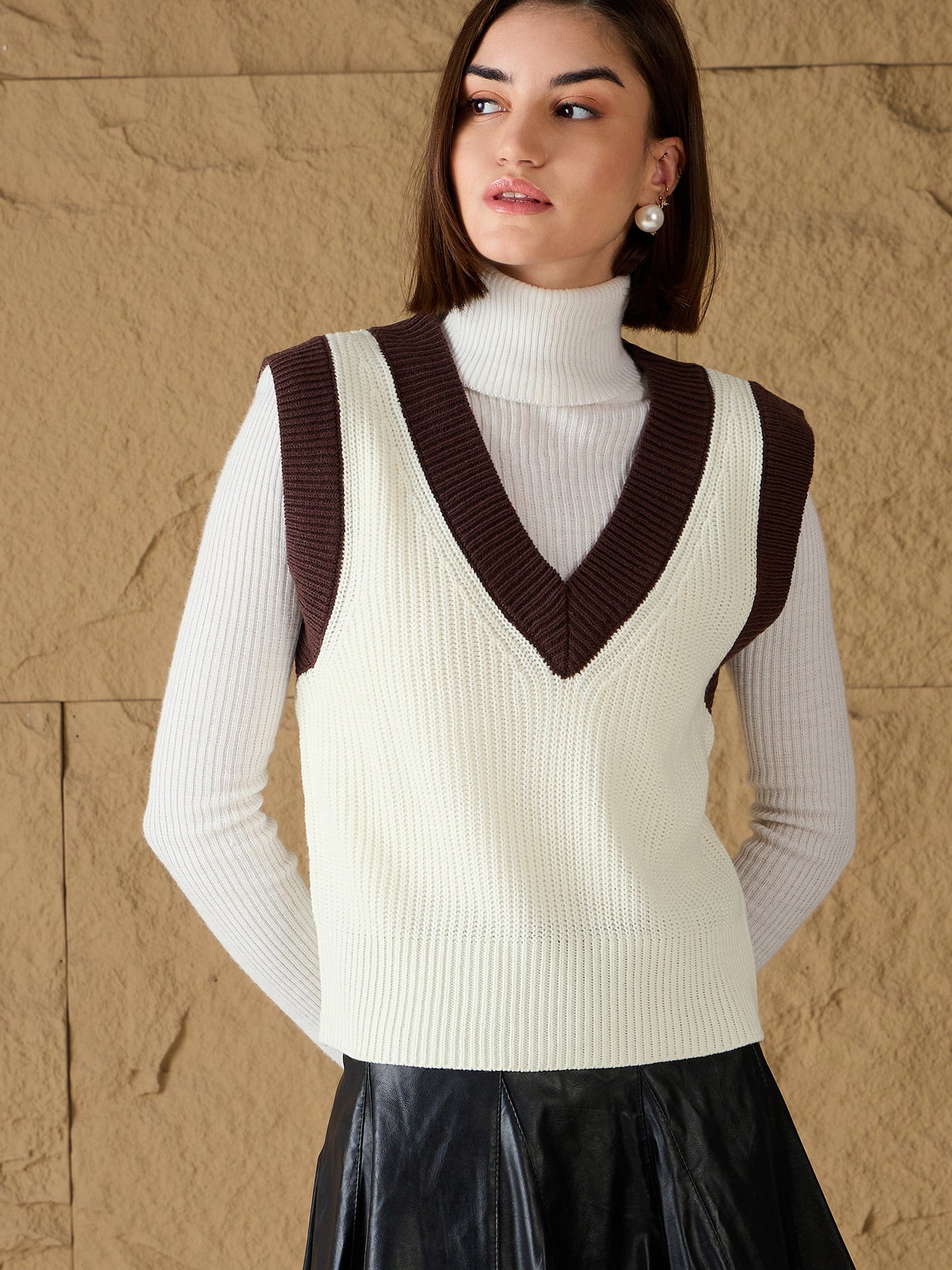 White & Brown Solid V-Neck Sweater Vest