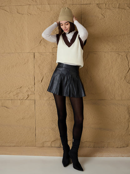 White & Brown Solid V-Neck Sweater Vest