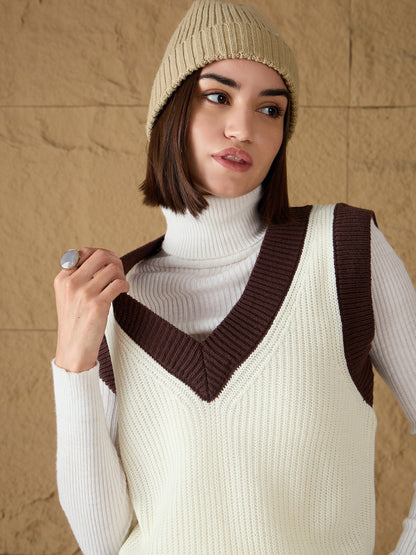 White & Brown Solid V-Neck Sweater Vest
