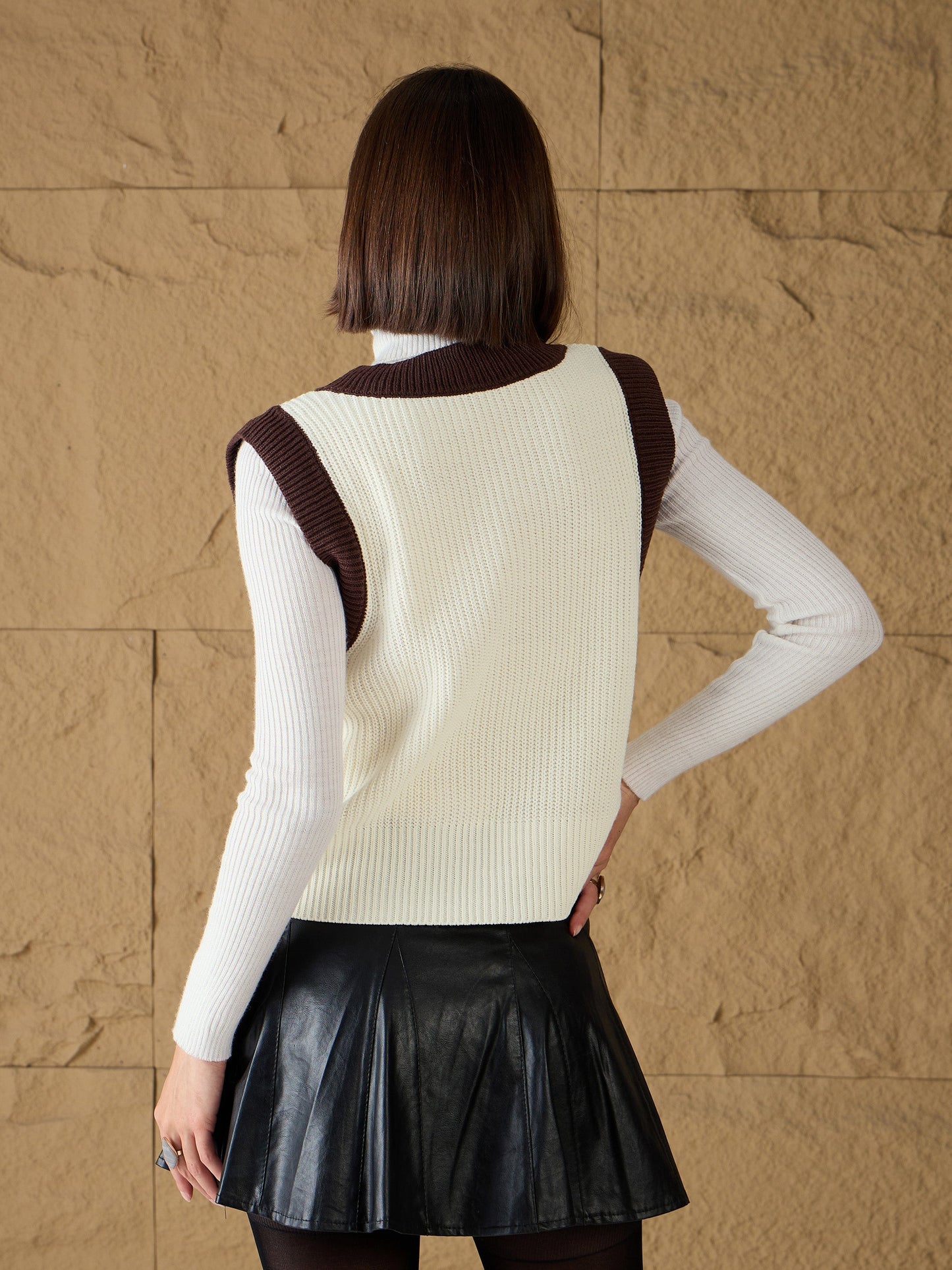 White & Brown Solid V-Neck Sweater Vest