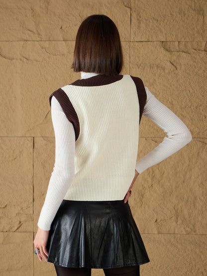 White & Brown Solid V-Neck Sweater Vest