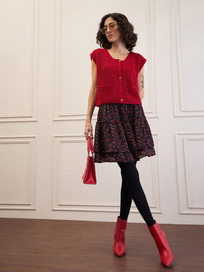 Red Front Button Extended Sleeves Pocket Sweater
