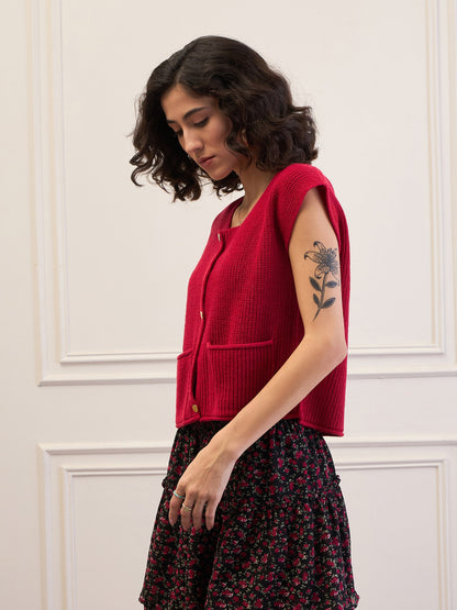 Red Front Button Extended Sleeves Pocket Sweater