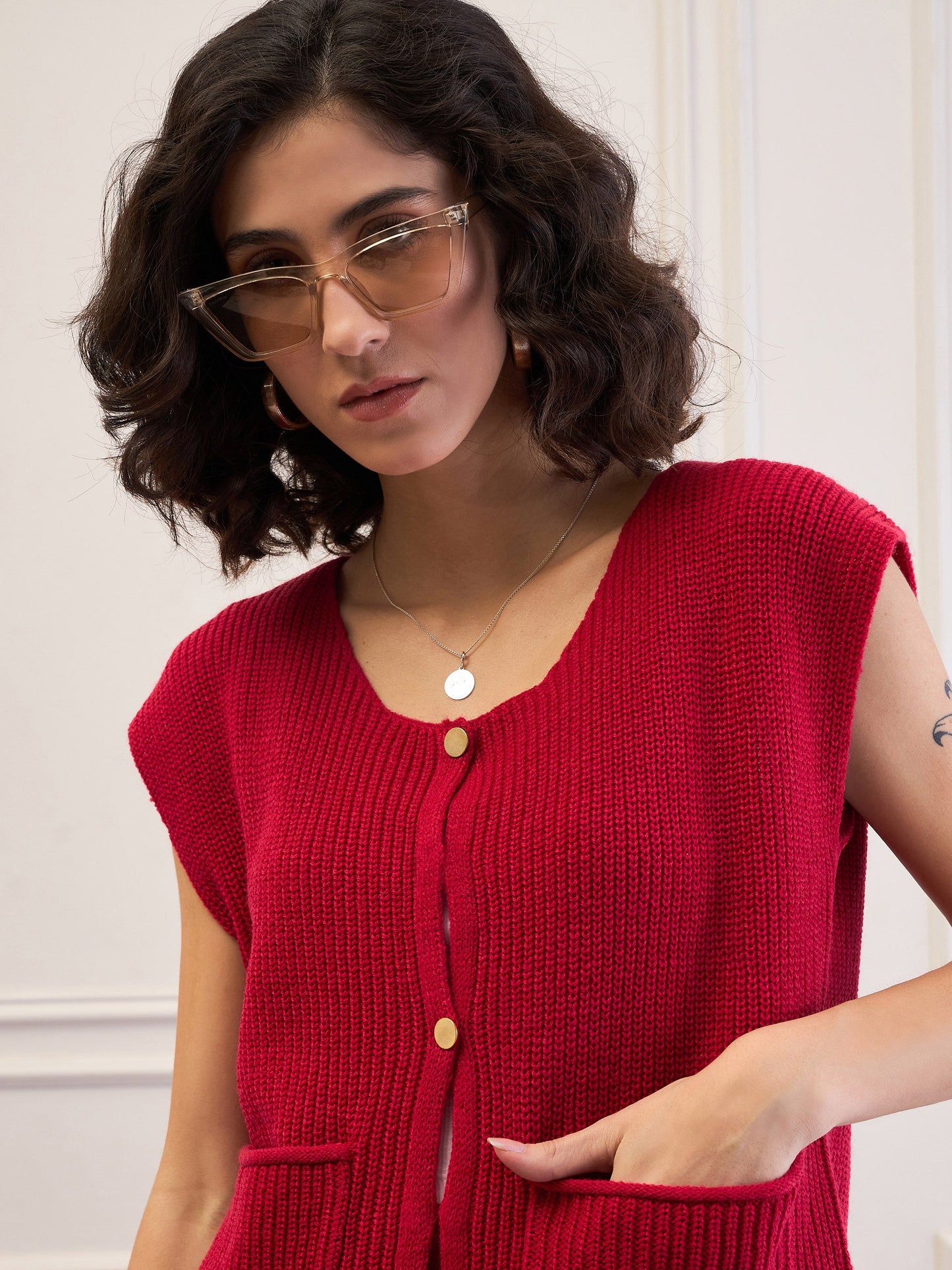 Red Front Button Extended Sleeves Pocket Sweater