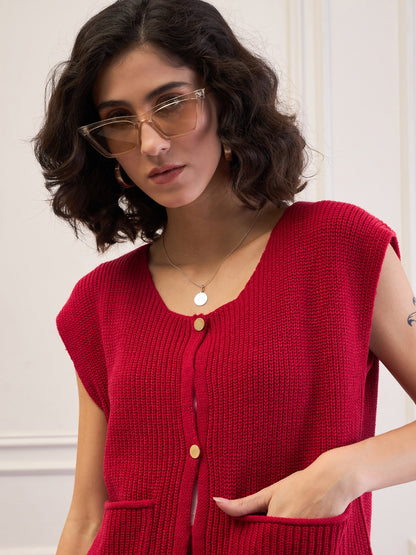 Red Front Button Extended Sleeves Pocket Sweater
