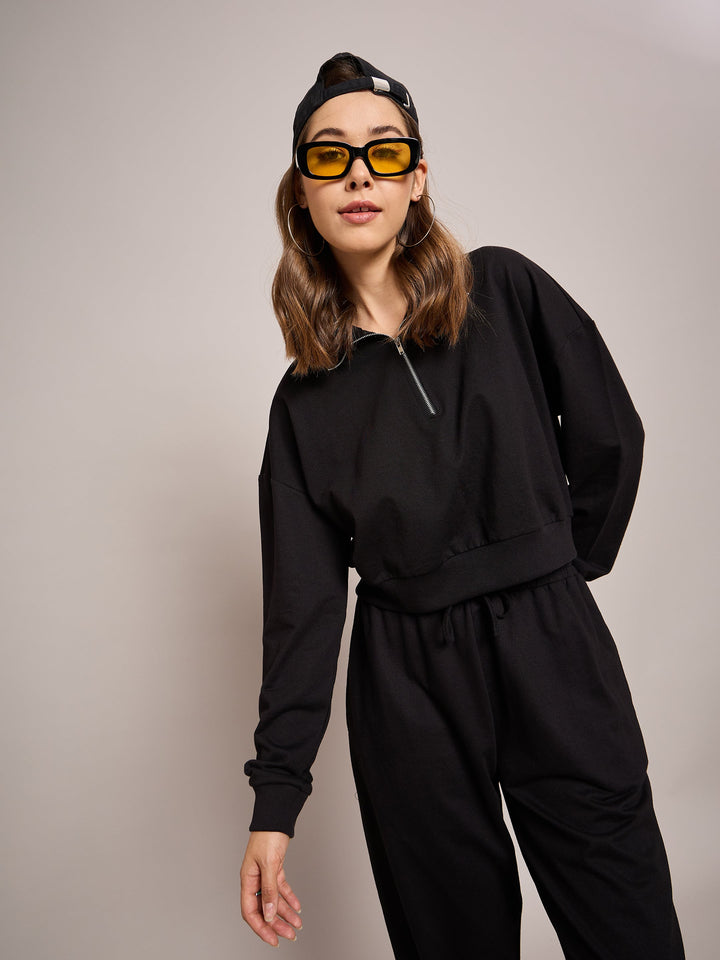 Women Black Terry Oversized Zipper Sweatshirt With Baggy Joggers