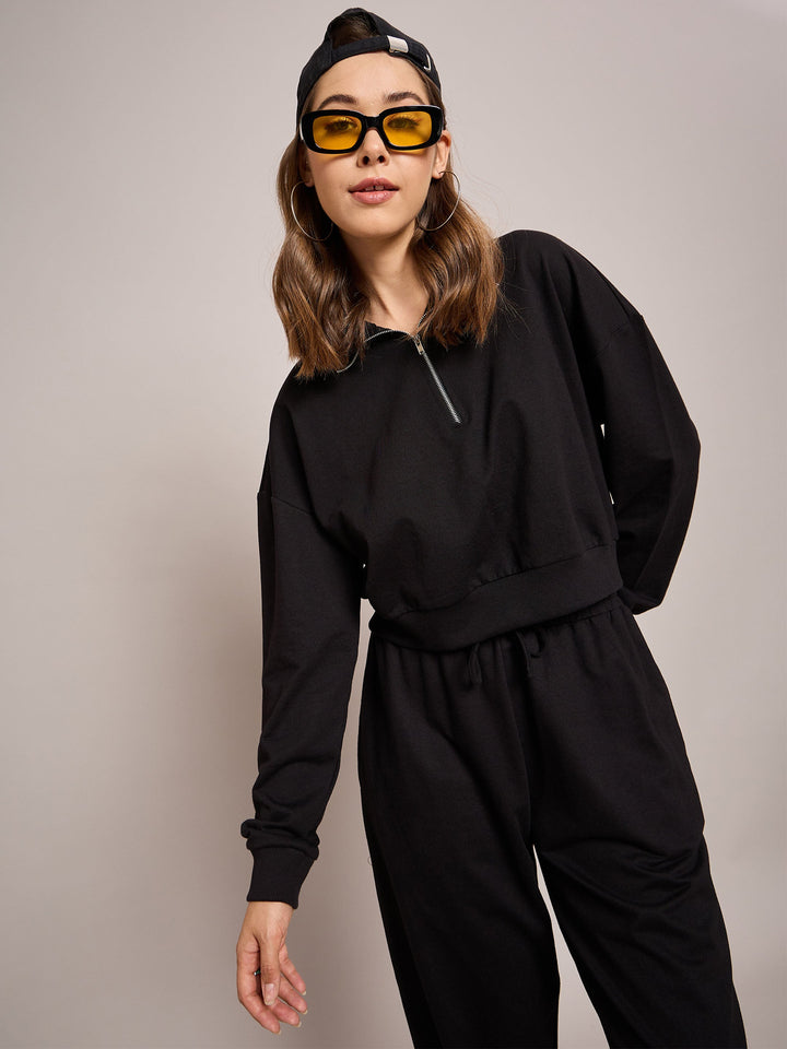 Women Black Terry Oversized Zipper Sweatshirt With Baggy Joggers