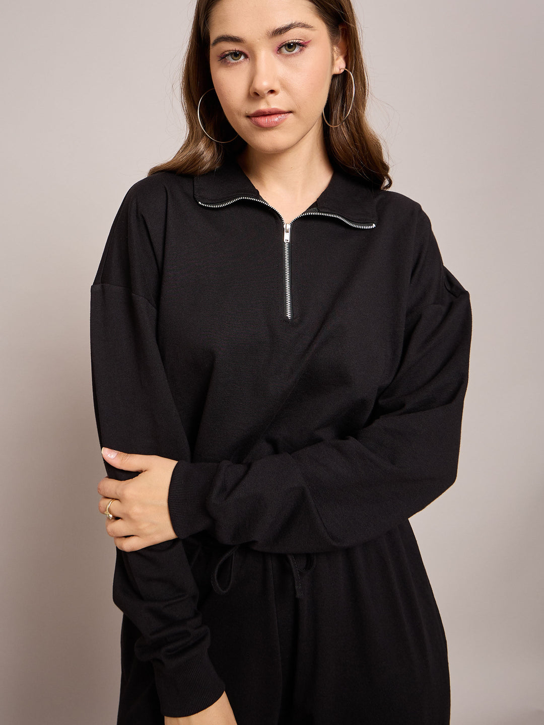 Women Black Terry Oversized Zipper Sweatshirt With Baggy Joggers