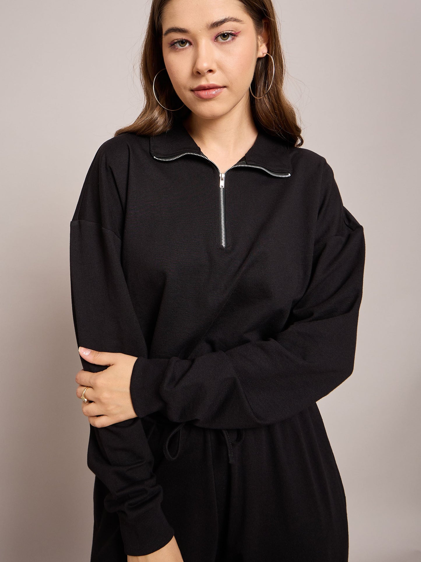 Women Black Terry Oversized Zipper Sweatshirt With Baggy Joggers