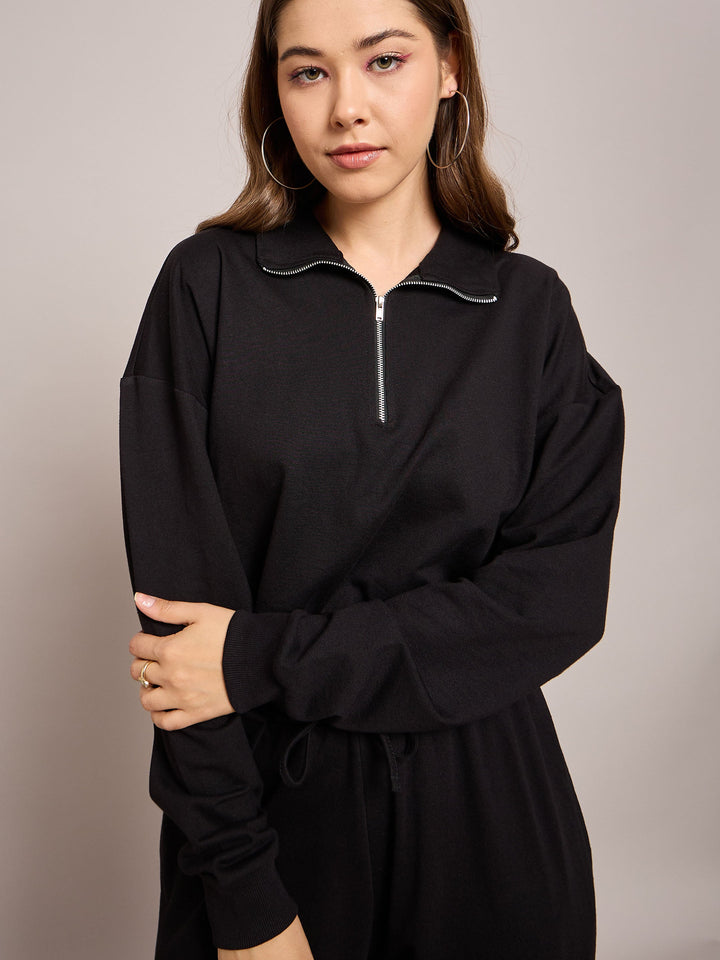 Women Black Terry Oversized Zipper Sweatshirt With Baggy Joggers